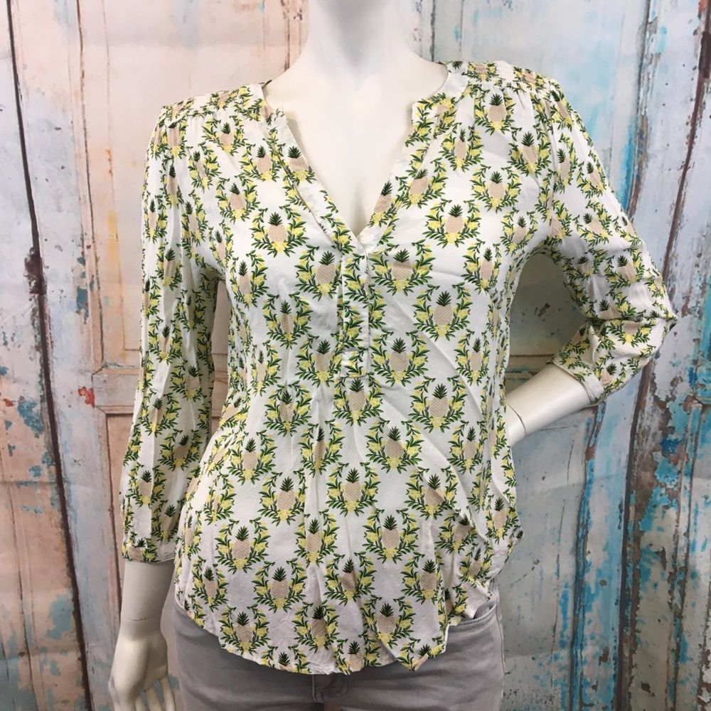 HINGE Pineapple Print Popover 3/4 Sleeve Shirt